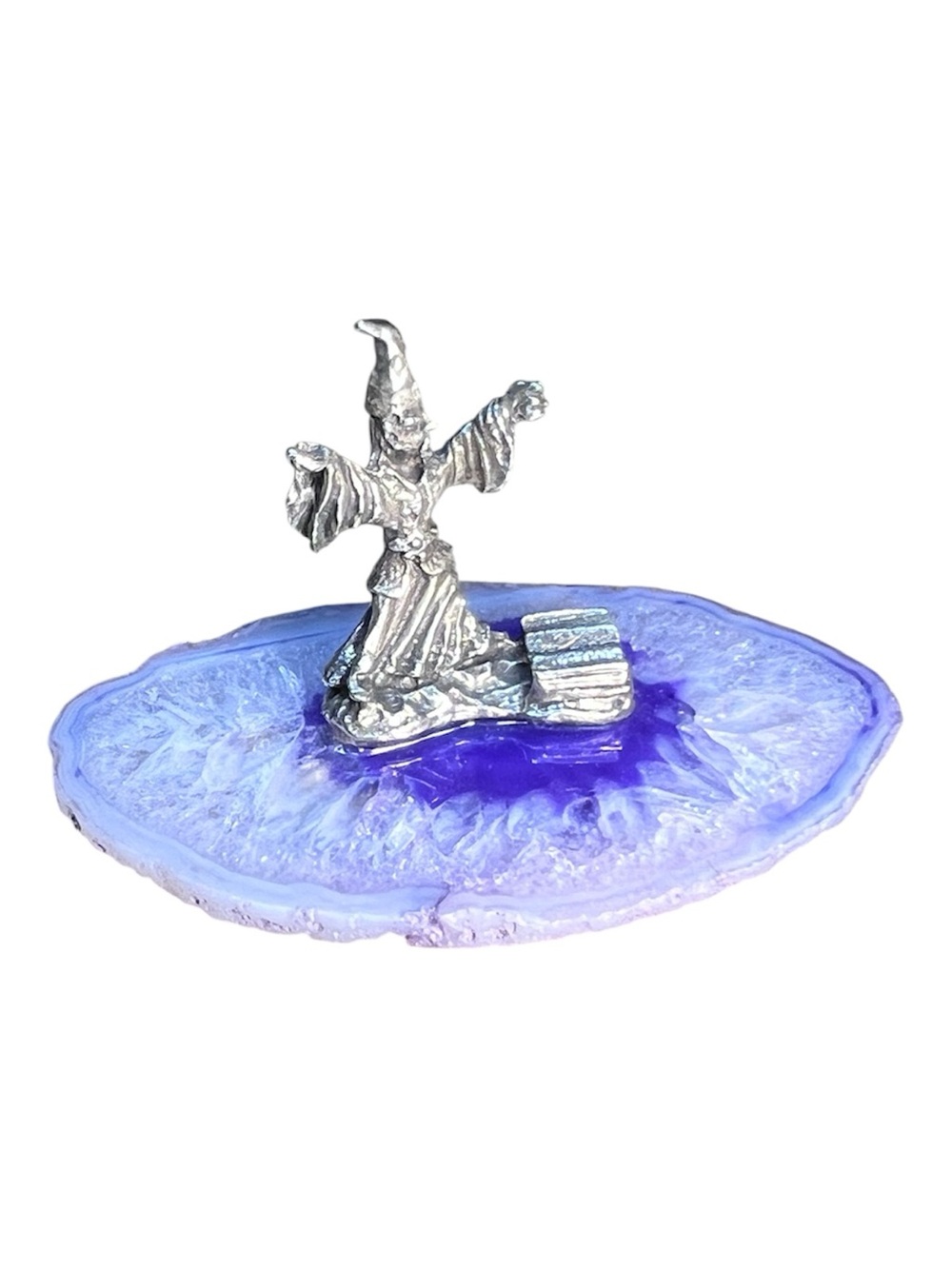 Silver Pewter Wizard Figurine on Blue Agate Slice Decorative Tray - Home Art